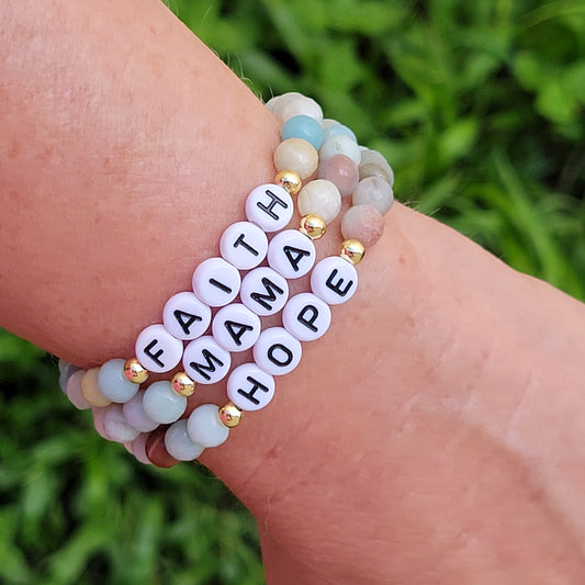 Faith Mama Hope Stackable 6mm Amazonite Bracelets - Confidence & Courage